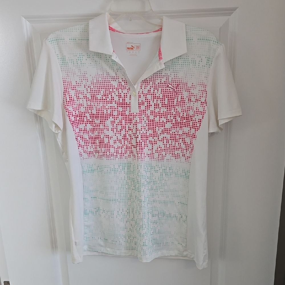 Puma White and Pink Pixel Polo Shirt